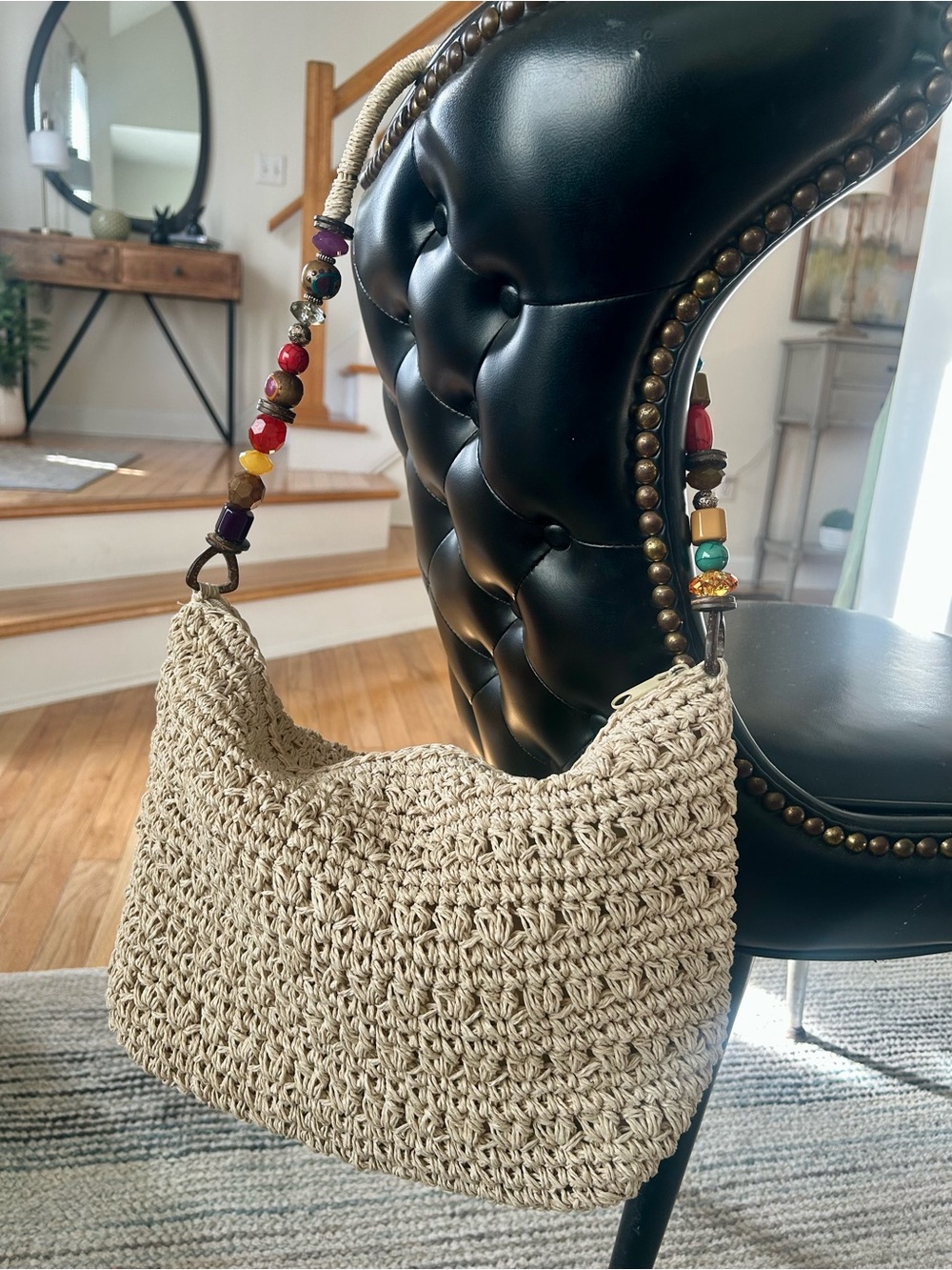 Cappelli Straworld Boho Crochet Shoulder Bag Beaded Handle Neutral Tan Cream
